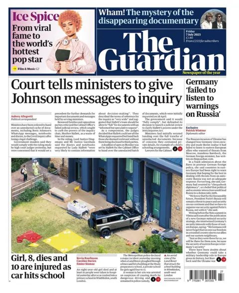 The main headline on the front page of the Guardian reads: "Court tells ministers to give Johnson messages to inquiry"