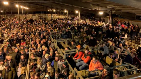 BBC Thousands of farmers gathering for a mass meeting in Carmarthen