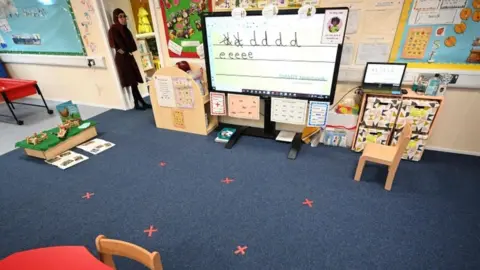 AFP A primary school classroom with marker for social distancing on the floor