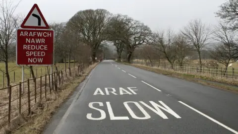 Getty Images picture of a road with a welsh slow down sign