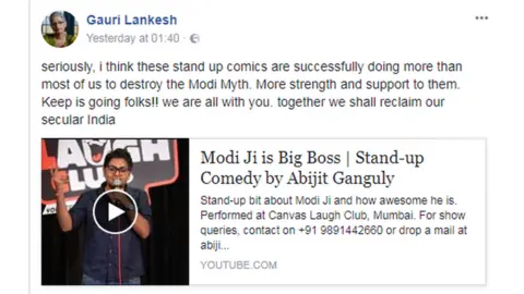 Facebook/Gauri Lankesh A screenshot of one of Ms Lankesh's Facebook posts