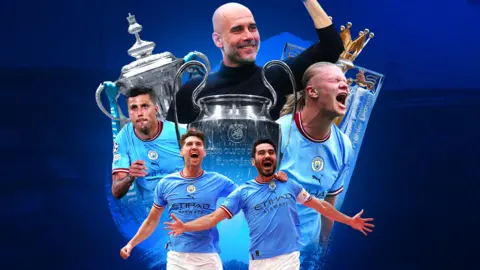 Graphic of Manchester City's Rodri, John Stones, Ilkay Gundogan and Erling Haaland with Pep Guardiola and Premier League, FA Cup and Champions League trophies