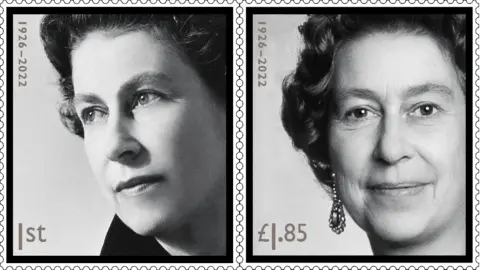 The Royal Mail A picture of two of the stamps available for sale, showing the monarch in her younger and older years