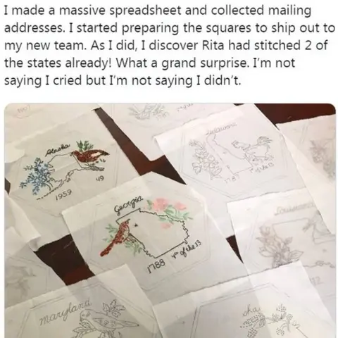 Shannon Downey I made a massive spreadsheet and collected mailing addresses. I started preparing the squares to ship out to my new team. As I did, I discover Rita had stitched 2 of the states already! What a grand surprise. I’m not saying I cried but I’m not saying I didn’t.