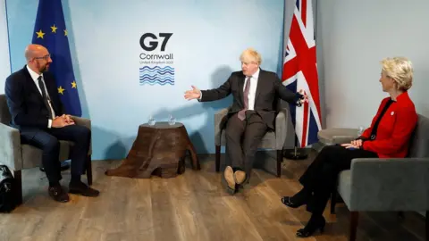 PA Media Boris Johnson with Charles Michel and Ursula von der Leyen