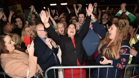 Charles McQuillan/Getty Images Sinn Féin president Mary Lou McDonald celebrates her party's success in the 2020 Irish General Election