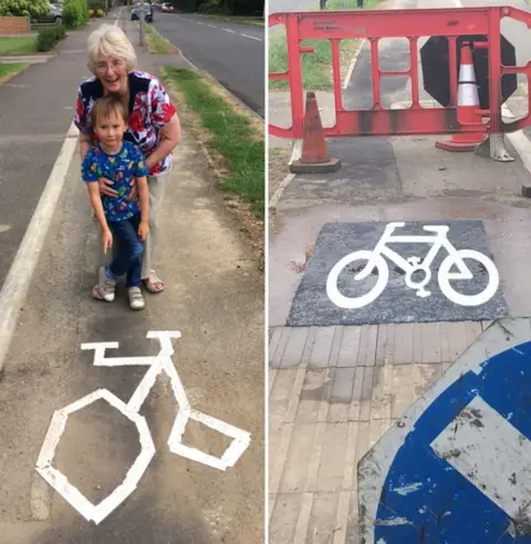 Paula Brown/BBC Paula Brown left and repainted bike road marking