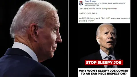 EPA / Facebook A composite image shows Biden, left, with nothing in his right ear, and in a doctored Facebook ad, right, with a wireless earbud