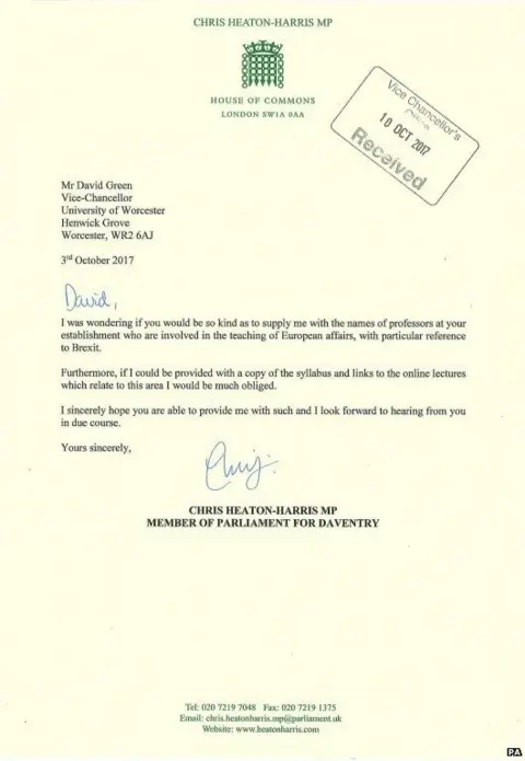 PA A copy of the letter sent by Mr Heaton-Harris released by the University of Worcester