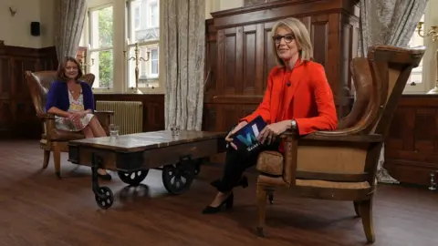 Leanne Wood with presenter Bethan Rhys Roberts (r)