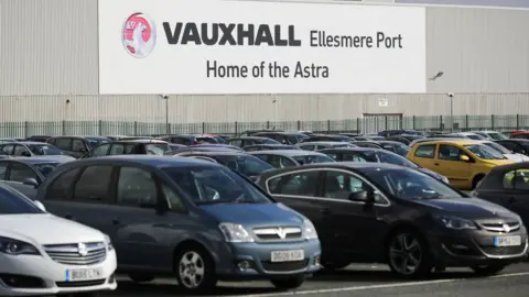 Vauxhall cars parked outside the Ellesmere Port plant.