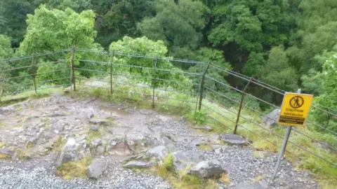 Gwynedd Council Warning signs are in place near the waterfall