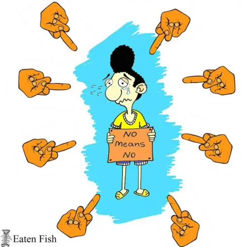 BBC Cartoon by Ali Dorani showing his character, surrounded by middle fingers pointing at him, as he holds the sign "no means no"