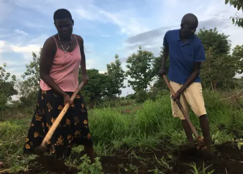 A Ugandan couple work on farmland
