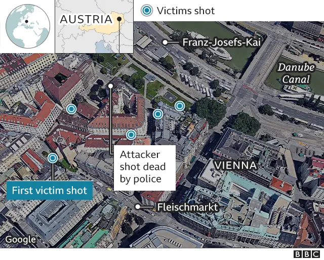 Map showing Vienna attacks