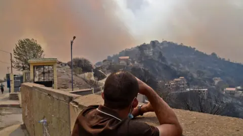 Getty Images A man looks on as smoke rises from a wildfire in the forested hills of the Kabylie region