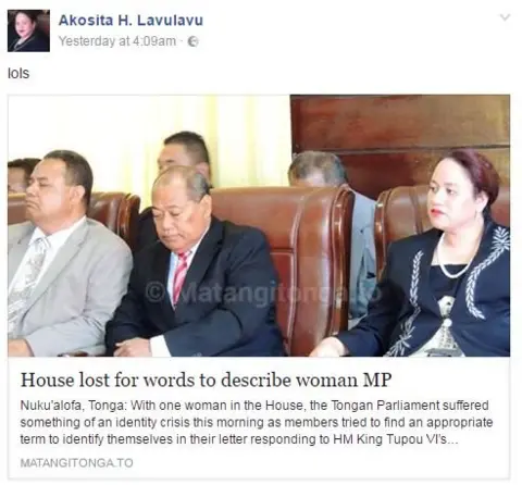 Facebook/AkositaH.Lavulavu Facebook post by Mrs Lavulavu of the news story with the caption "lols"