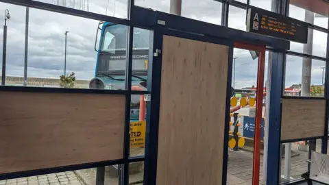 Alex Moss/BBC Damage caused to Ossett bus station