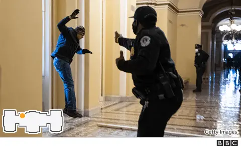 BBC Police offer confronting a protester at the Capitol building