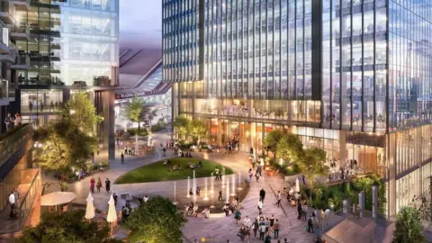 Gensler / CallisonRTKL CGI image of how a plaza in the new development will look