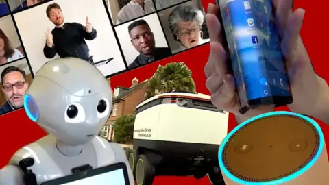 Composite image of a video team meeting, a folding phone, an Amazon Echo, delivery robot, and a robot carer