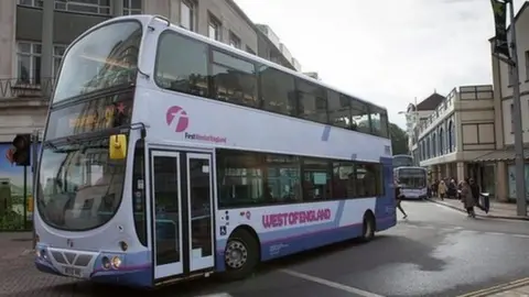 First West of England A First Bus driving through Bristol city centre