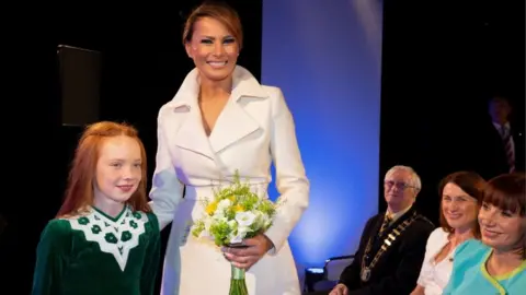 Getty Images US First Lady, Melania Trump, meets Irish dancers at a welcome function