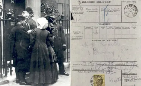 Royal Mail Group Ltd, courtesy The Postal Museum Suffragettes being delivered to 10 Downing Street/Delivery note