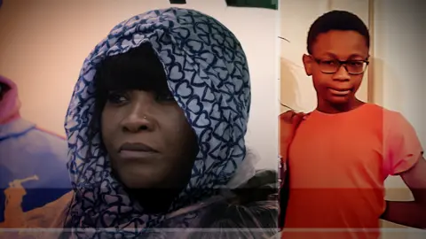 BBC Alina Joseph at her son's memorial, next to an image of her son Christopher Kapessa wearing a red T-shirt and glasses