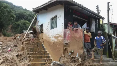 A view of damaged area affected by heavy rains in the Juquehy district, in the city of Sao Sebastiao, in the seaboard of the state of Sao Paulo, Brazil, 20 February 2023.