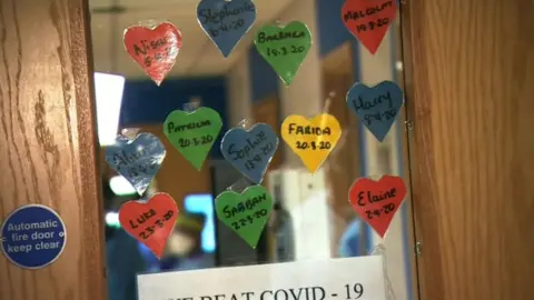 Hearts containing the names of coronavirus patients