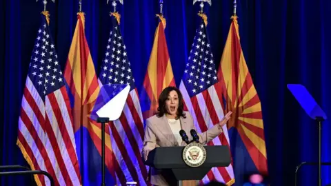 Getty Images US Vice President Kamala Harris speaks on reproductive freedom at El Rio Neighborhood Center in Tucson, Arizona, on April 12, 2024