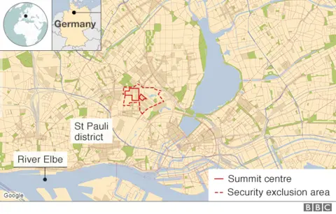A map showing the city and the area where the protest will take place