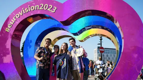 Getty Images Fans celebrate ahead of The Eurovision Song Contest 2023 - Grand Final at Liverpool Arena on May 13, 2023