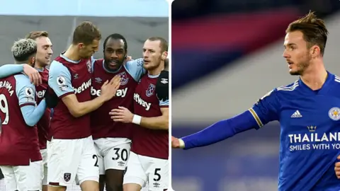 West Ham players celebrate, but James Maddison tries to keep his distance from Leicester team-mates