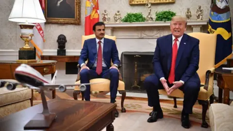 AFP Donald Trump (R) speaks at a meeting with Qatar's Emir Sheikh Tamim bin Hamad Al Thani