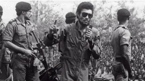 Getty Images Gerry Rawlings addresses supporters in 1982