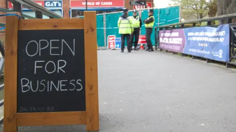 'Open for business' sign at the Maltings in Salisbury