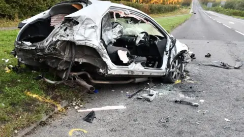 Nottinghamshire Police Ty Chapman was trapped in a silver Honda Civic he was driving after it crashed at the junction of Coxmoor Road, near Annesley, in Nottinghamshire