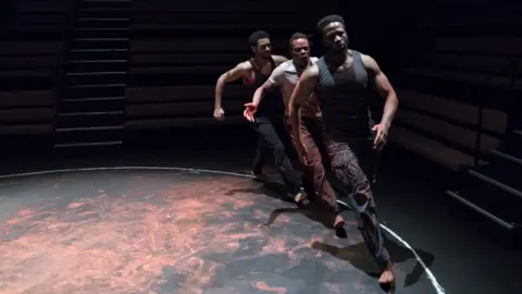 Marc Brenner Anthony Welsh (Elegba), Jonathan Ajayi (Oshoosi) and Sope Dirisu (Ogun) in The Brothers Size