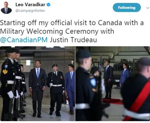 Twitter Leo Varadkar tweets, "Starting off my official visit to Canada with a Military welcoming ceremony with Justin Trudeau"