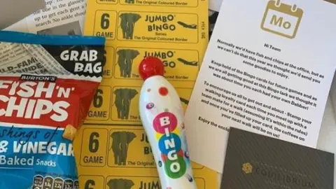 Equilibrium Items in a fish and chips-themed goodie box from Equilibrium to their staff