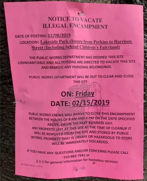 John Kirkmire/LakeMerritt.org Lake Merritt encampments notice of closure