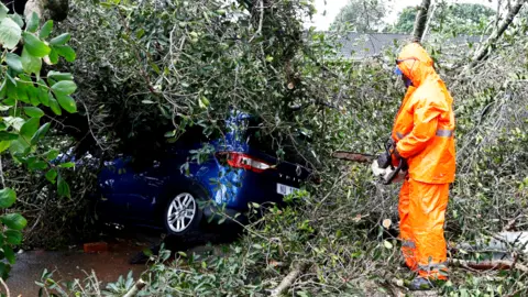 AFP A municipal worker uses a chainsaw to cut branches on a tree that fell on a car in Pinetown, near Durban - 12 April 2022