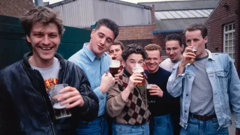 Bill Stephenson Actor and Sheffield United fan Sean Bean (left) and his friends outside the Sportsman pub on Denby Street