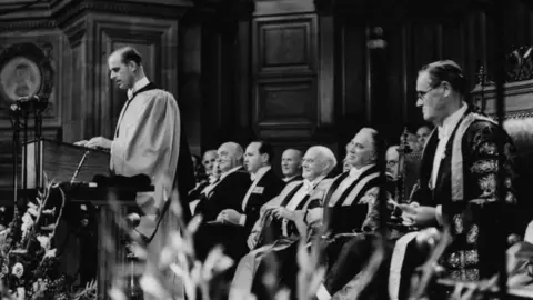 Getty Images Prince Philip, Duke of Edinburgh, making a speech after receiving his Honorary Doctorate of Law, at Edinburgh University, Scotland, August 10th 1951. (Photo by Keystone/Hulton Archive/Getty Images)