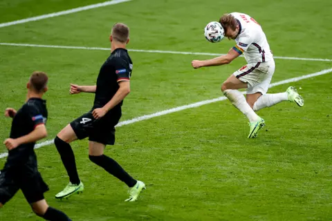 John Sibley / AFP England's forward Harry Kane scores the second goal during the Uefa Euro 2020 football match against Germany
