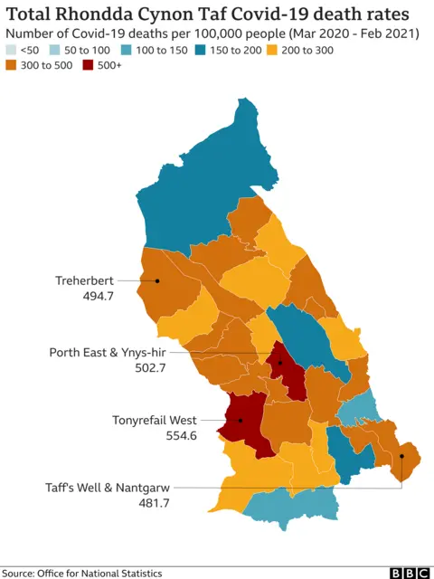 A map of Rhondda Cynon Taf areas, showing highest Covid death rate areas