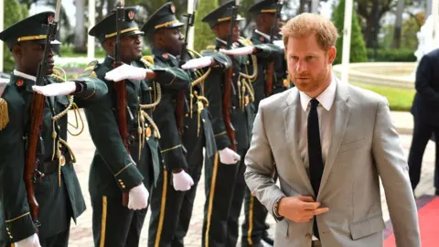 Chris Jackson/Getty Images Prince Harry arrives at the presidential palace in Angola