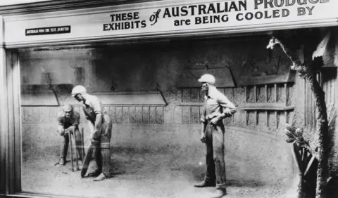 Getty Images Black and white image of Jack Hobbs and two other people playing cricket sculpted out of butter